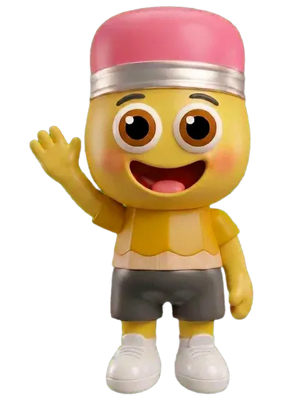 Beebso, a friendly plush pencil, waving hello